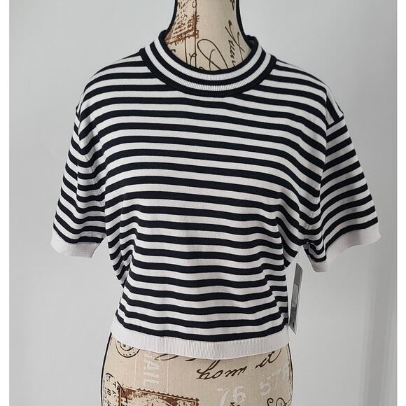 DKNY Jeans Breton stripe women's crop top black/white Size Large Fisherman - Picture 2 of 7